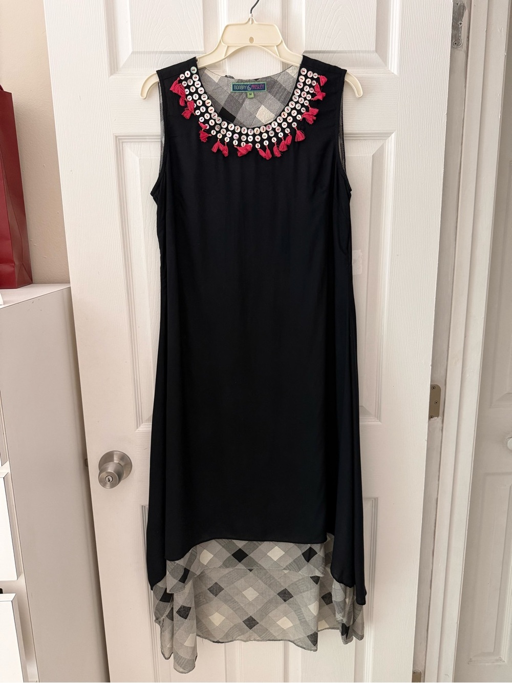 Bombay Paisley Black High-Low Sleeveless Dress w Pink Embellished collar & plaid